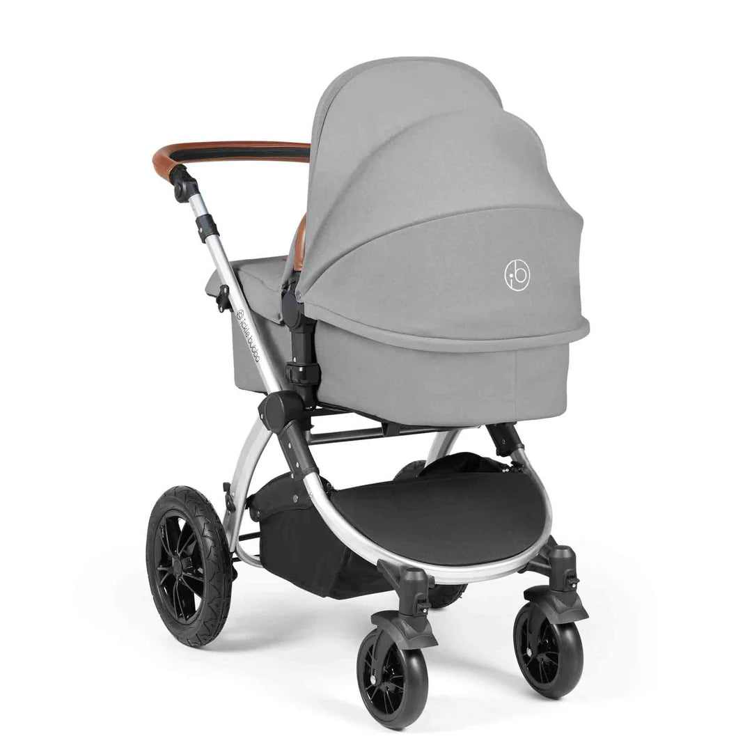 Ickle Bubba Stomp Luxe 12 Piece Travel System with i-Size Nimbus 180° Spin Car Seat & ISOFIX Base Pearl Grey on Silver