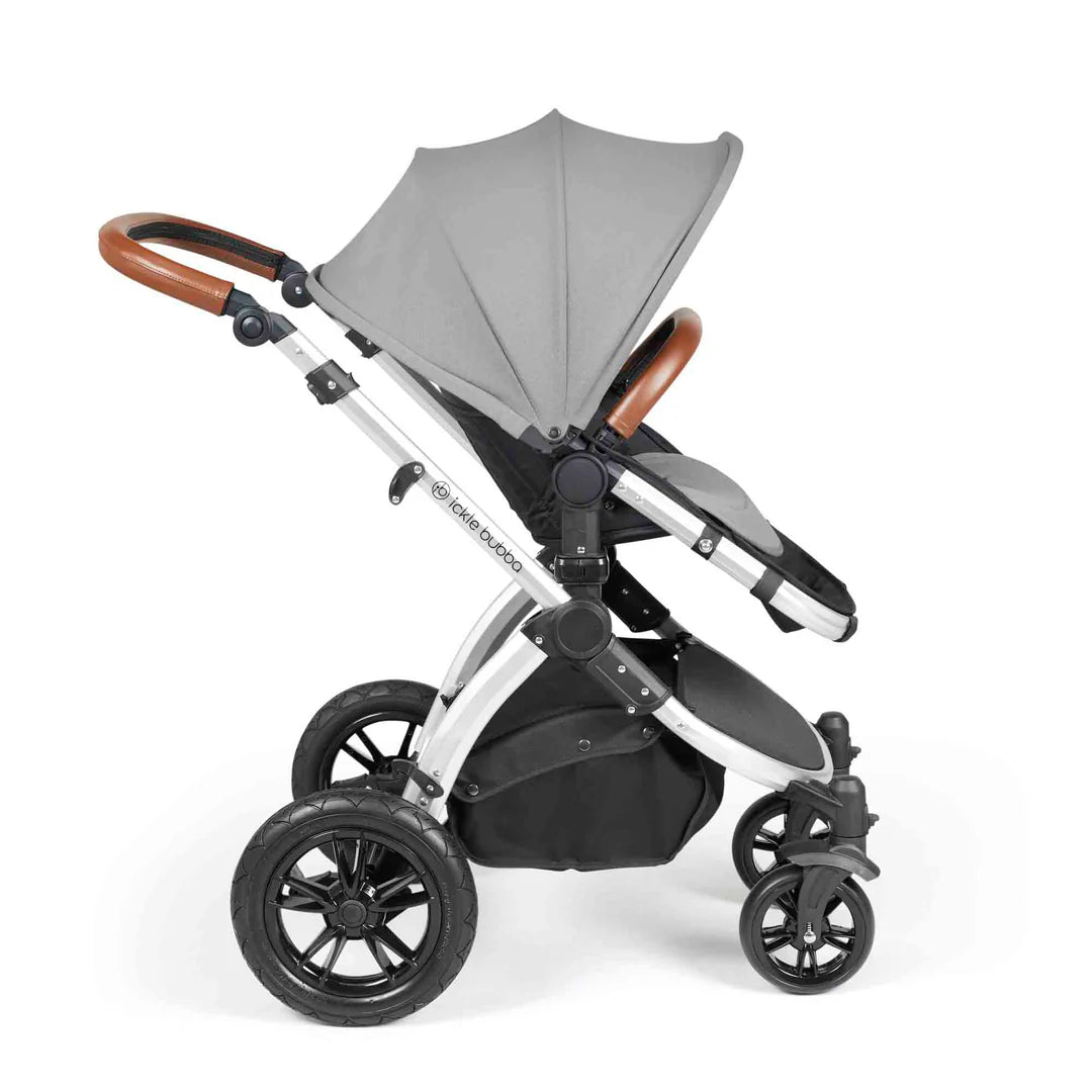 Ickle Bubba Stomp Luxe 12 Piece Travel System with i-Size Nimbus 180° Spin Car Seat & ISOFIX Base Pearl Grey on Silver