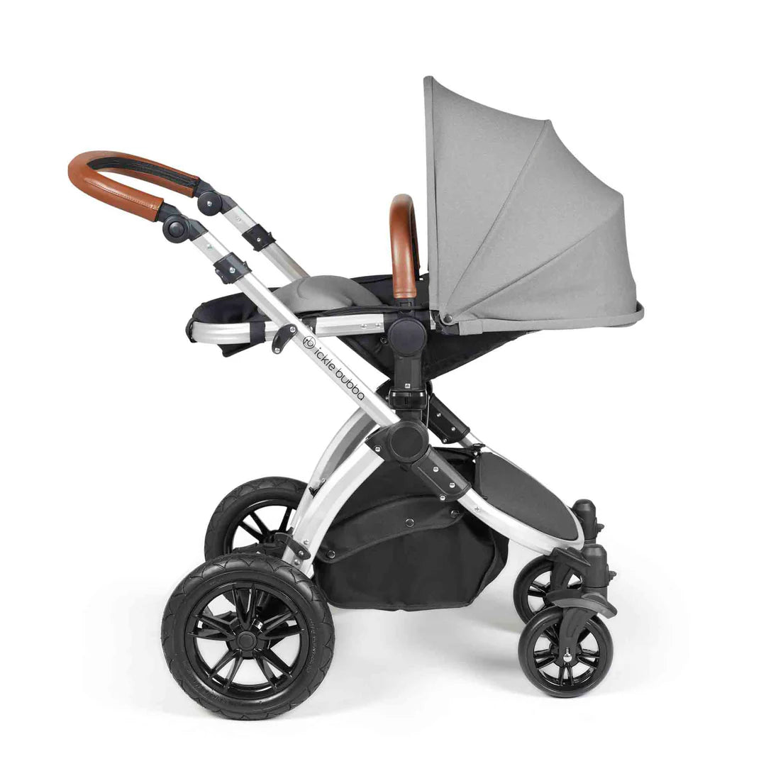Ickle Bubba Stomp Luxe 12 Piece Travel System with i-Size Nimbus 180° Spin Car Seat & ISOFIX Base Pearl Grey on Silver