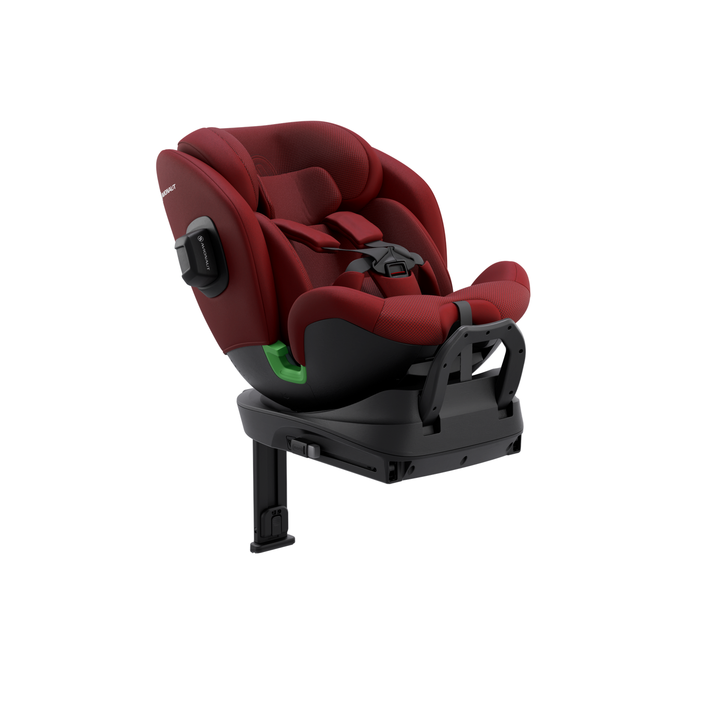 Red and black car seat with base on a white background