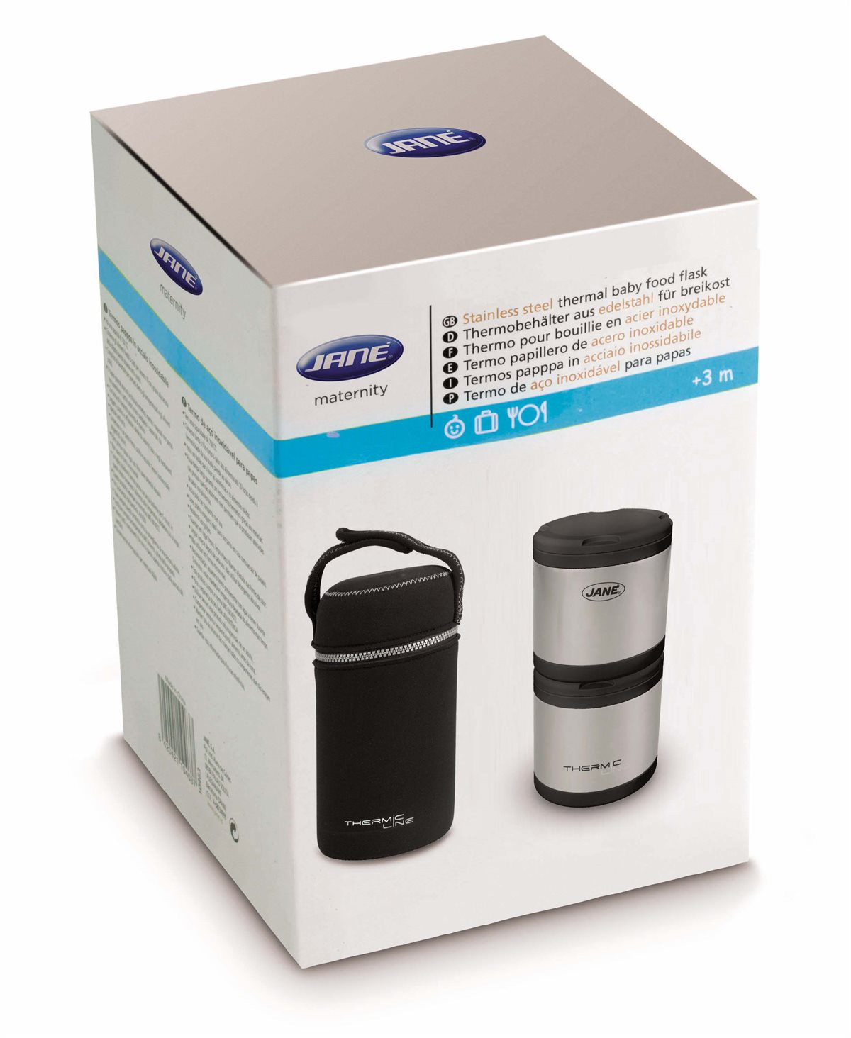 JANE thermos packaging with product images on a white background