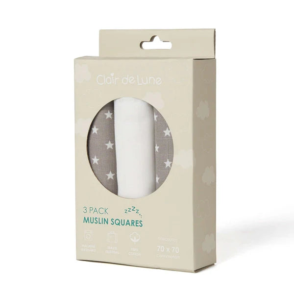 Clair-de-lune 3 Pack Star Muslin Squares – 70 x 70 cm