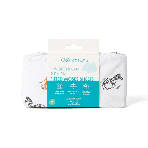 Clair-de-lune 2 Pack Fitted Jungle Dream Moses Basket Sheets - 74 x 30 cm
