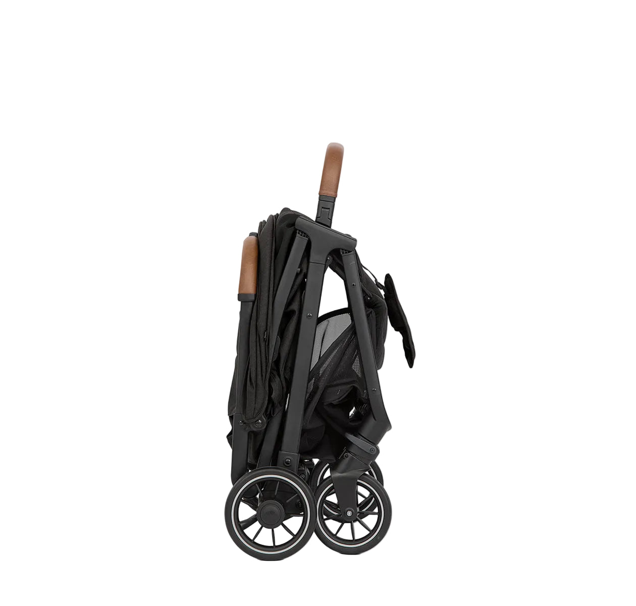 Black stroller with wooden handles on a white background