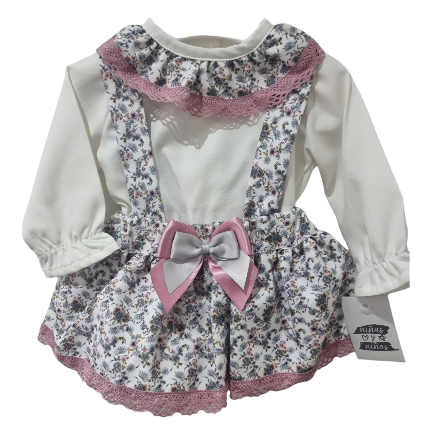 Ninas Y Ninos Pink/Grey Floral Skirt & Frill Neck Blouse Set
