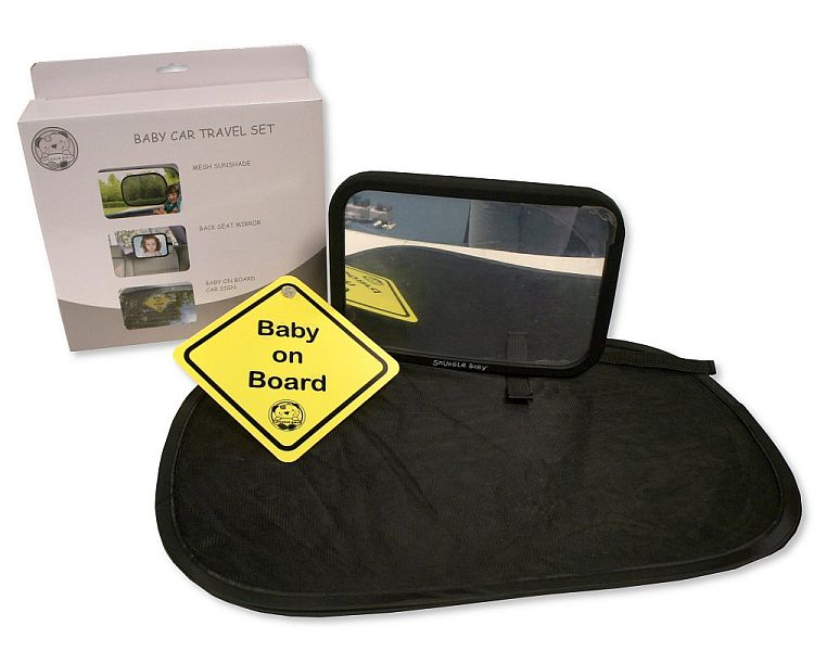 Snuggle Baby Car Travel Set Back Seat Mirror, 2x Mesh Sunshades, 'baby on Board' Sign