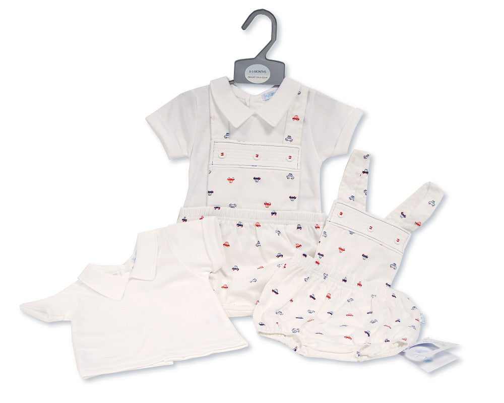 My Little Chick Baby Boys Short Leg 2 Pieces Dungaree Set - Cars