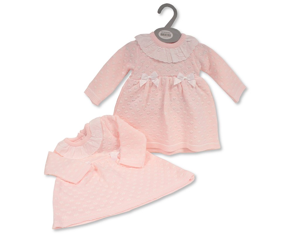 Nursery Time Knitted Baby Girls Dress with Bows and Lace
