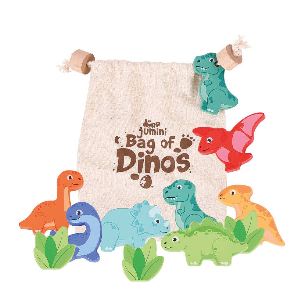 Jumini Bag of Dinosaurs - Sensory Set of 7 Dinos + Leaves