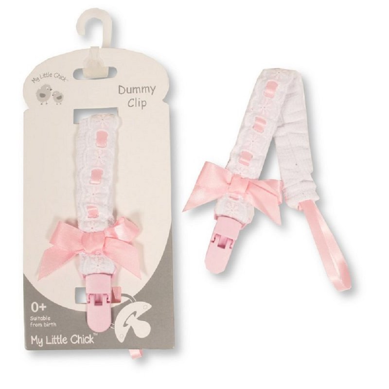 My Little Chick Baby Dummy Clip with Lace Band and Bow Pink