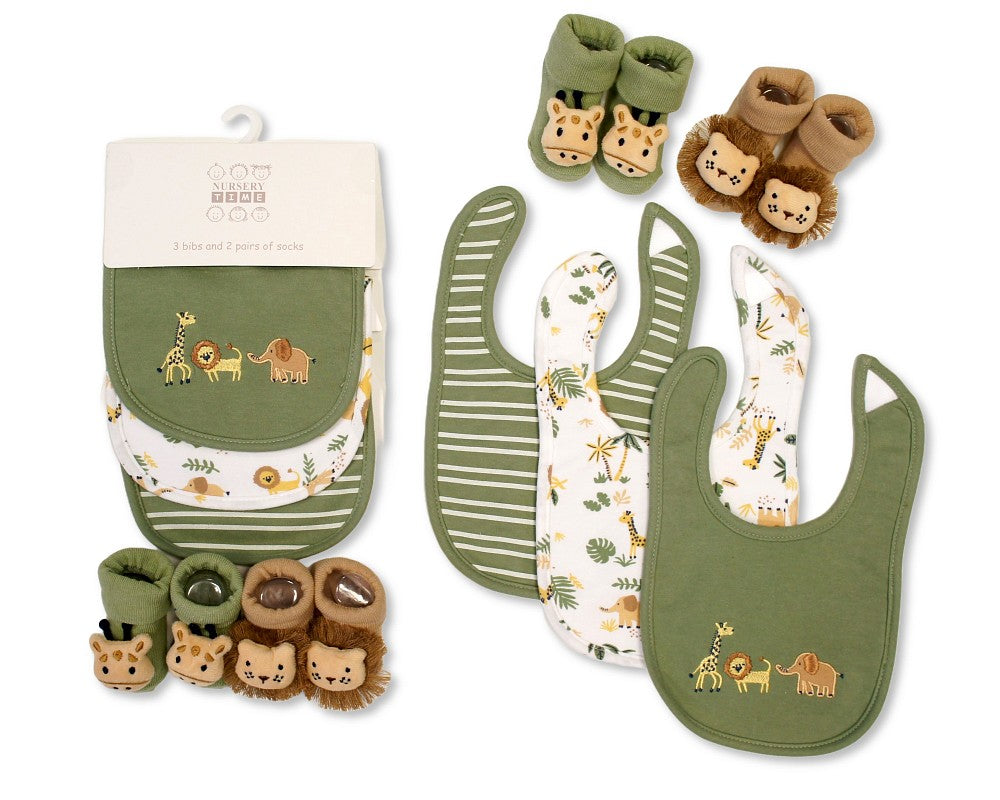 Nursery Time Baby Boys Bib and Socks Set - Safari