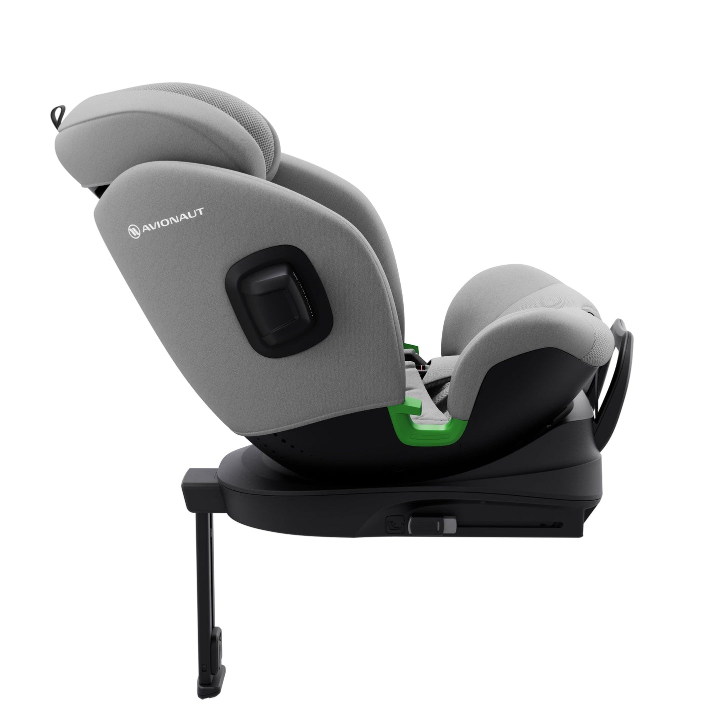 Gray and black car seat with a visible brand logo on a white background