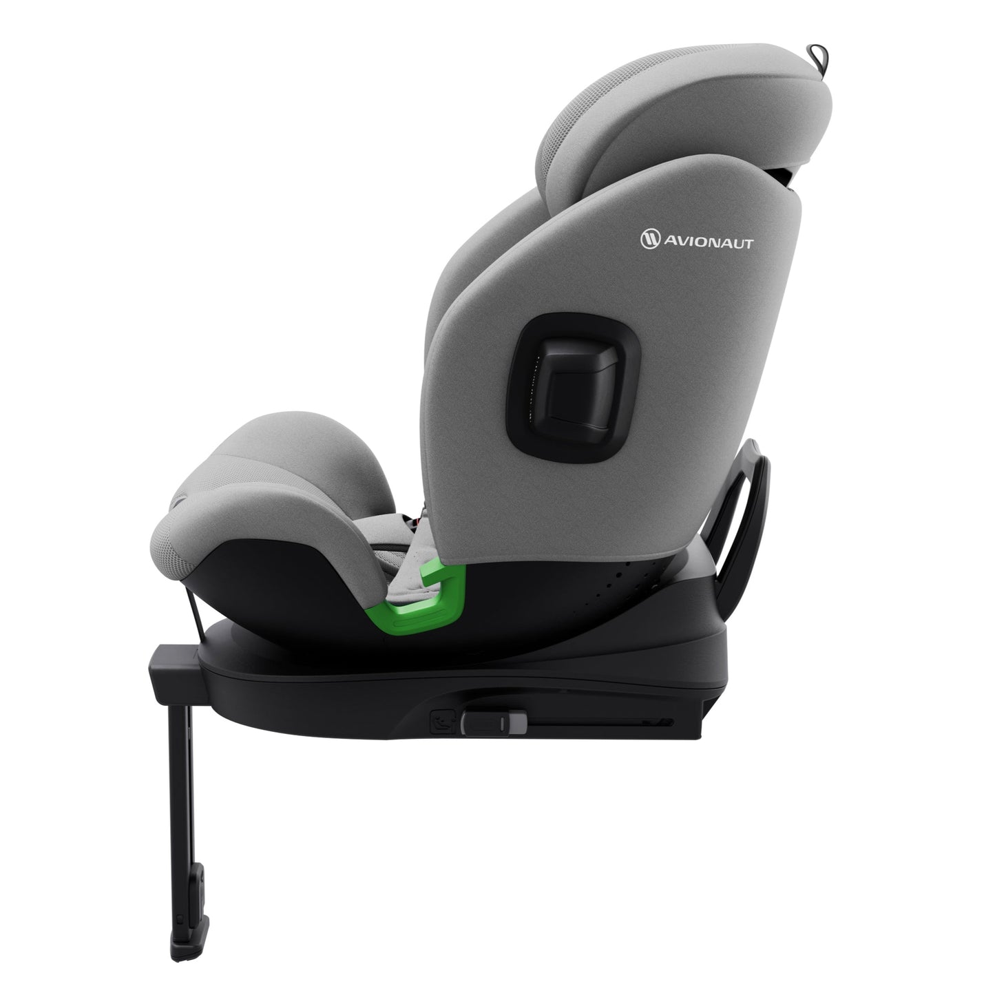 Gray car seat with a visible brand logo on a white background