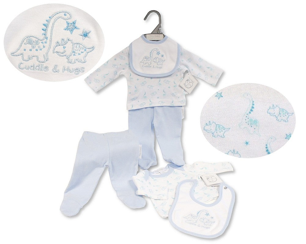 A 3-piece baby set for premature boys, including a long-sleeved top, bottom, and bib, predominantly in blue and white with dinosaur prints.