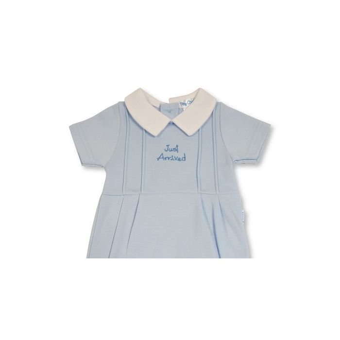 Tiny Chick Premature Just Arrived Collard Romper Blue