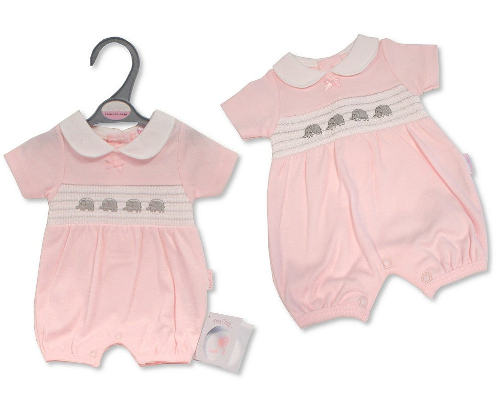 Tiny Chick Premature Baby Girls Romper with Smocking and Bow - Elephant