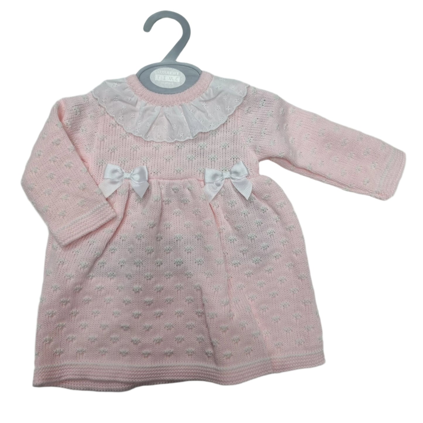 Nursery Time Knitted Baby Girls Dress with Bows and Lace