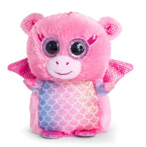 Pink plush toy with large eyes and a colorful belly on a white background