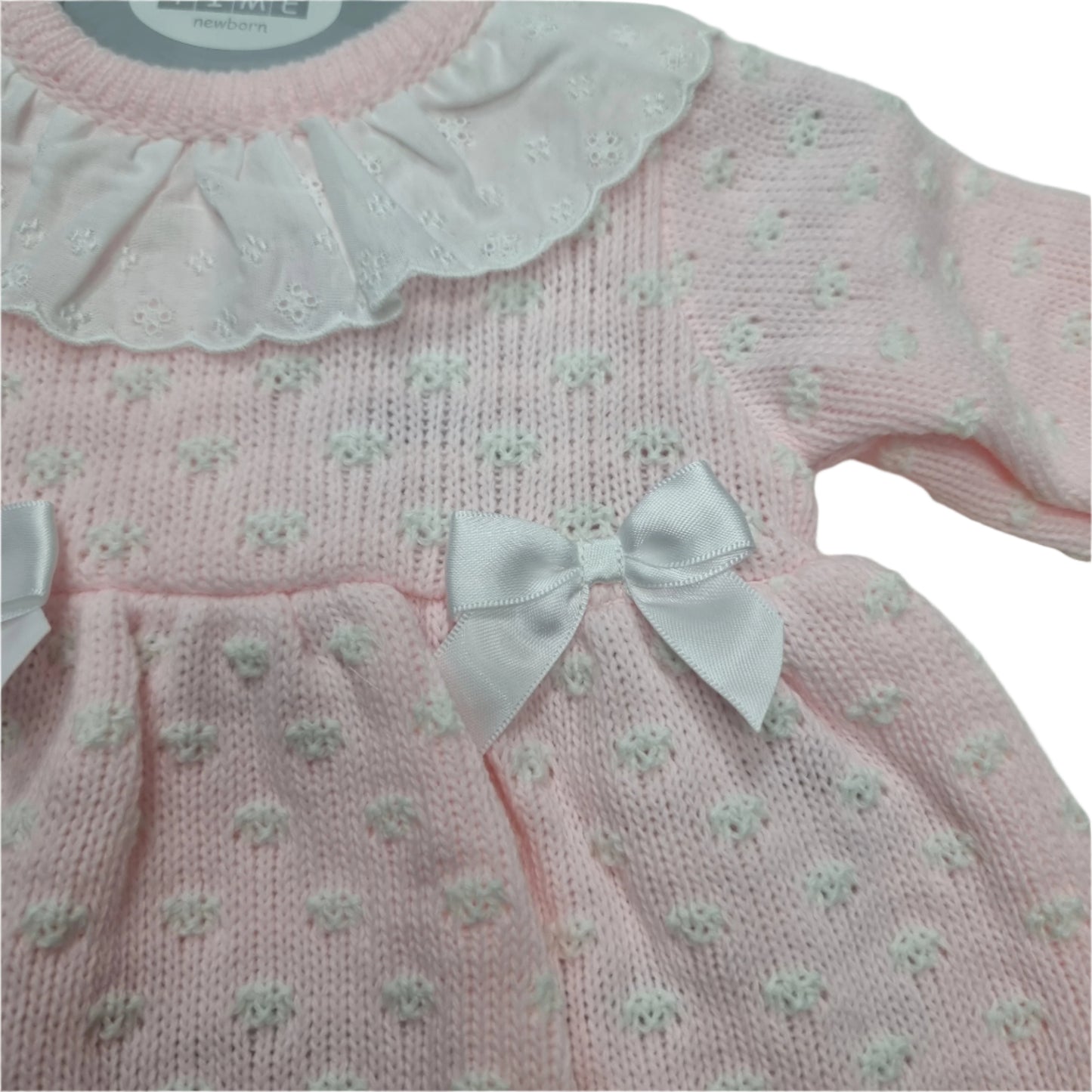 Nursery Time Knitted Baby Girls Dress with Bows and Lace