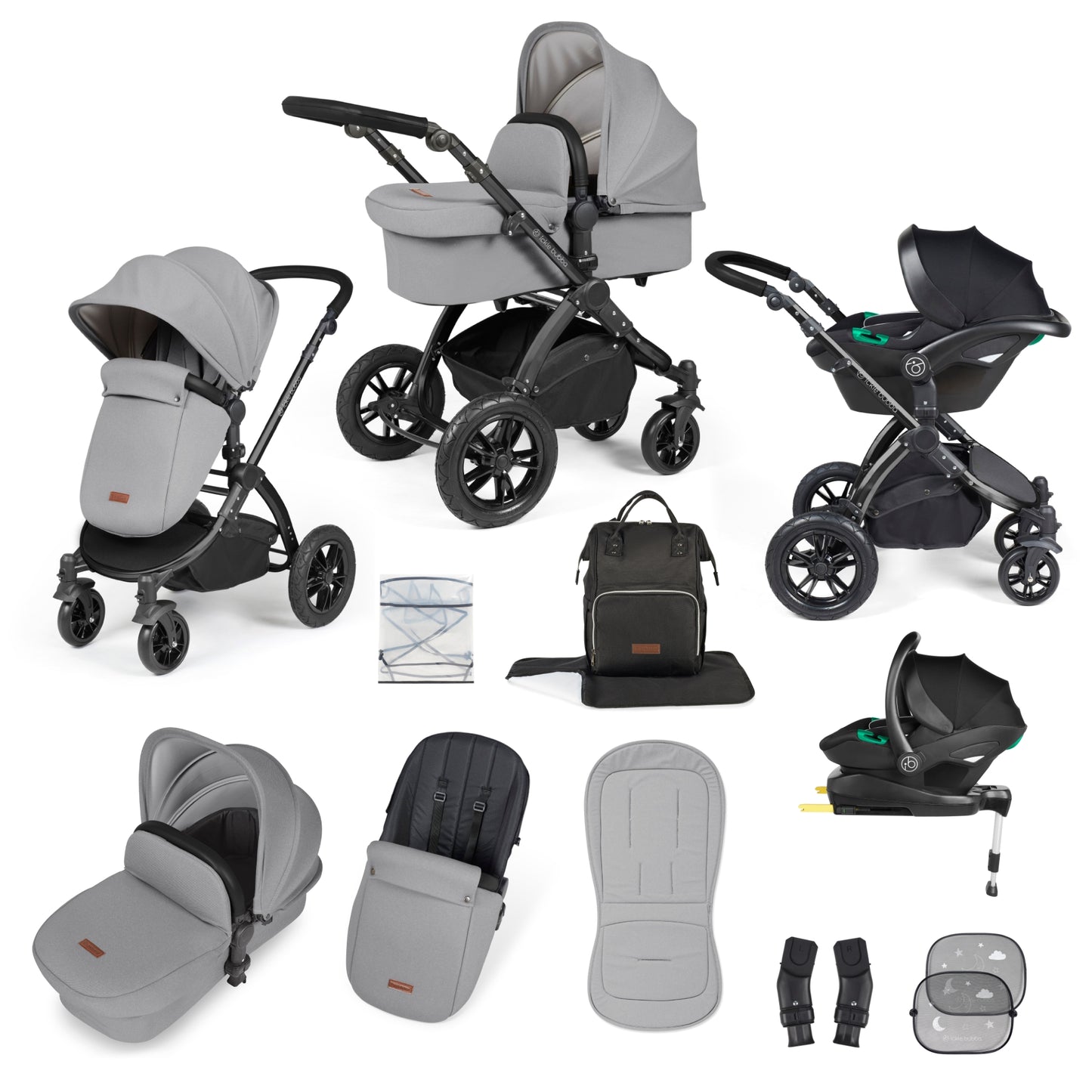 Ickle Bubba Stomp Luxe All-in-One I Size Travel System With Isofix Base (Stratus) Pearl Grey on Black