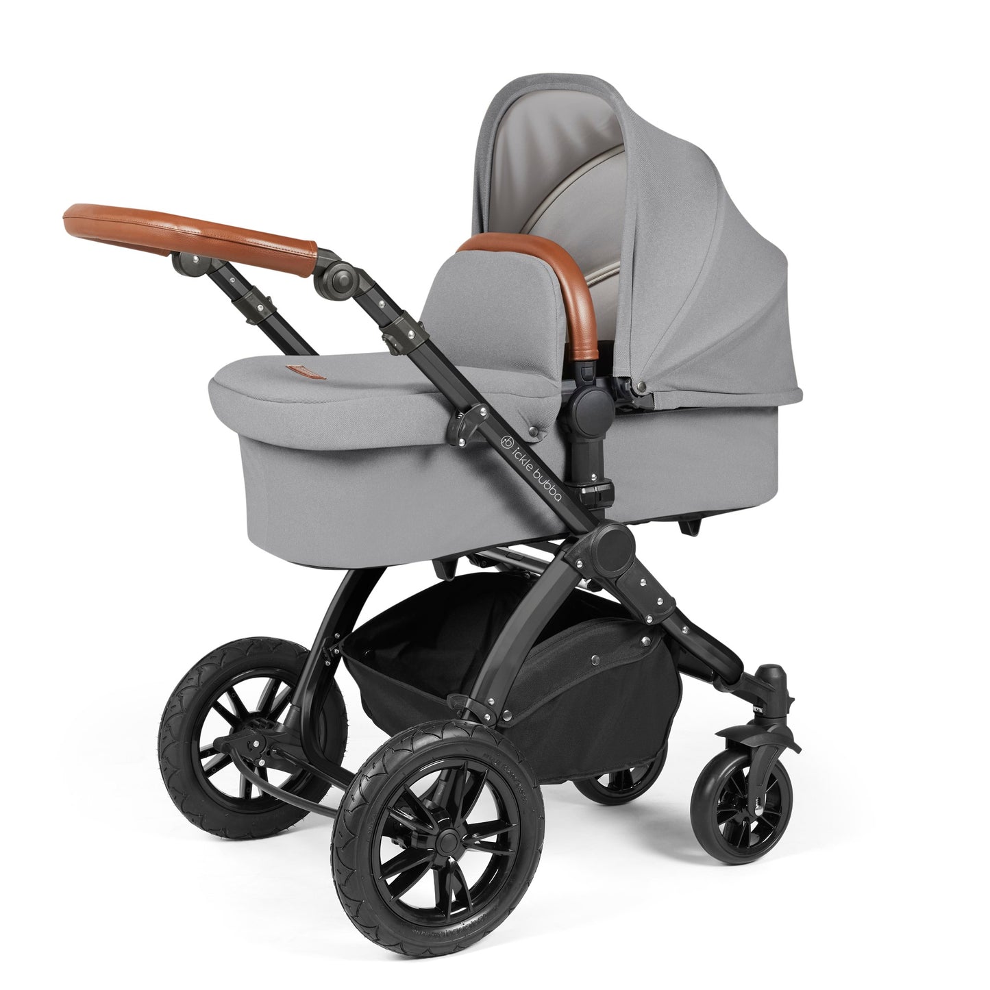 Ickle Bubba Stomp Luxe 12 Piece Travel System with i-Size Cirrus Car Seat & ISOFIX Base Pearl Grey on Black