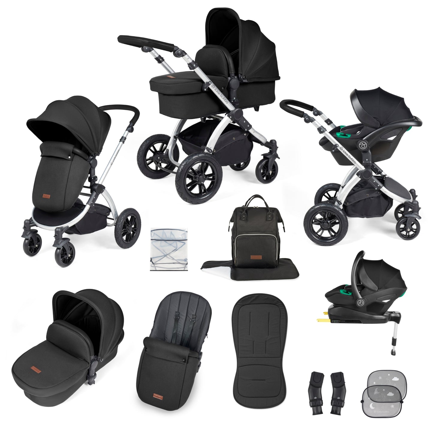 Ickle Bubba Stomp Luxe All-in-One I Size Travel System With Isofix Base (Stratus) Midnight on Silver