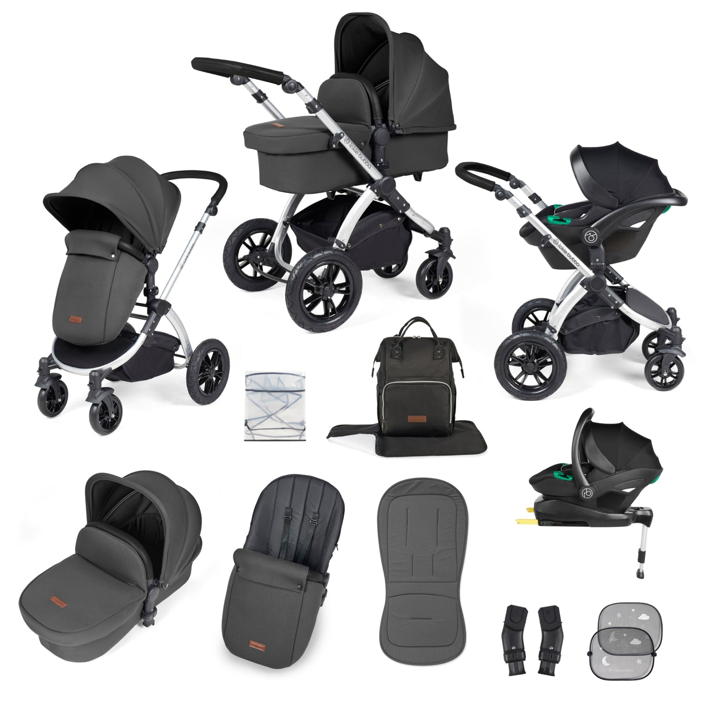 Ickle Bubba Stomp Luxe All-in-One I Size Travel System With Isofix Base (Stratus) Charcoal Grey on Silver