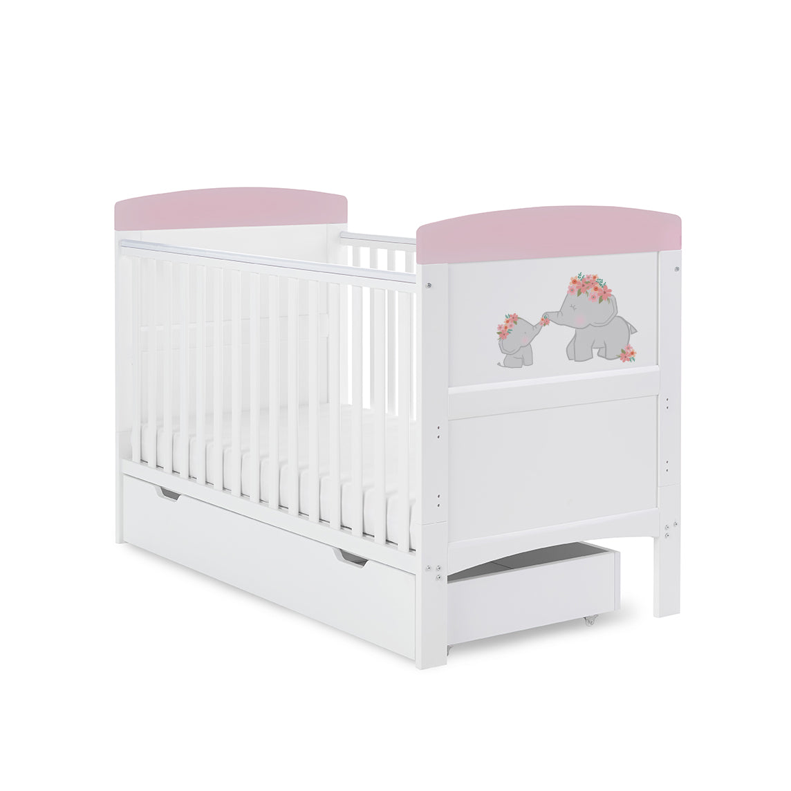 Obaby Grace Inspire Cot Bed & Underdrawer Me Mini Elephants Pink