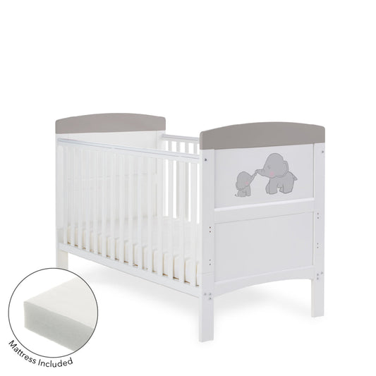 Obaby Grace Inspire Cot Bed & Fibre Mattress Me Mini Elephants Grey