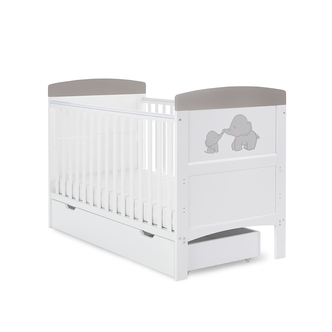Obaby Grace Inspire Cot Bed & Underdrawer Me Mini Elephants Grey