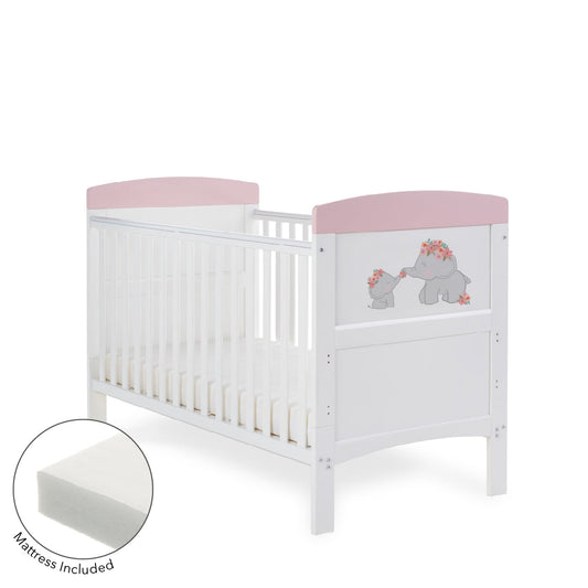 Obaby Grace Inspire Cot Bed & Fibre Mattress Me Mini Elephants Pink
