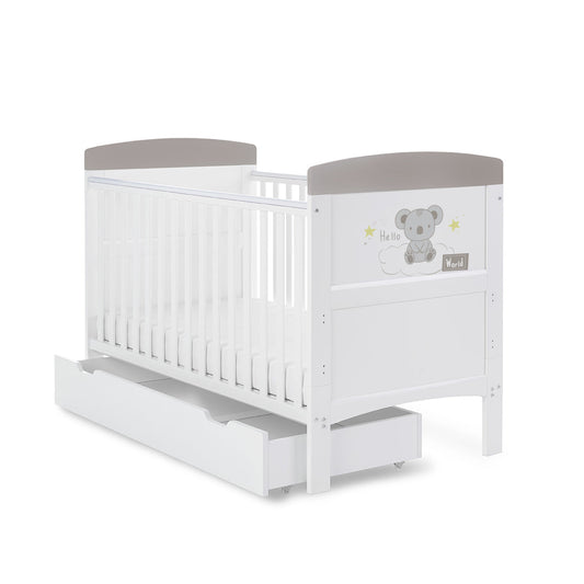 Obaby Grace Inspire Cot Bed & Underdrawer Hello World Koala Grey
