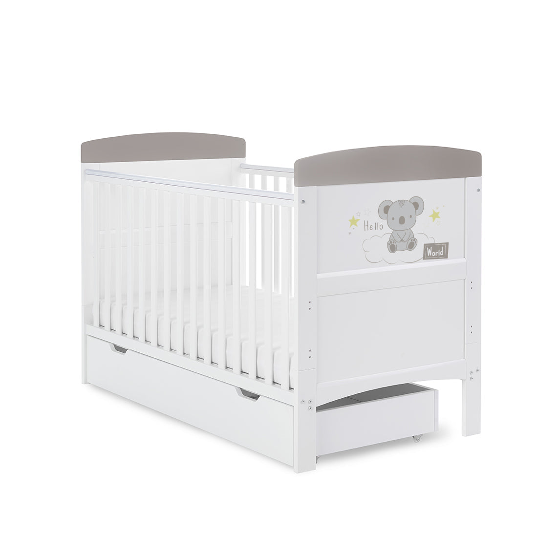 Obaby Grace Inspire Cot Bed & Underdrawer Hello World Koala Grey