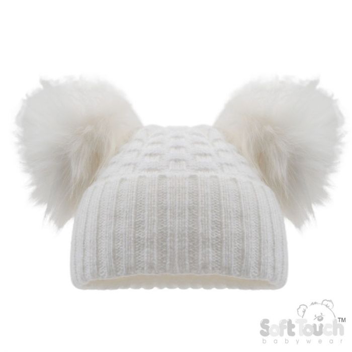 Soft Touch Honeycomb Knit Turnup Pompom Hat White