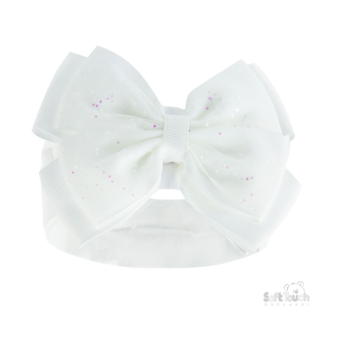 Soft Touch Plain Headband with Glitter Bow - White