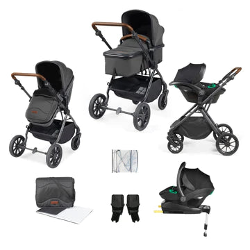 grey pram with car seat and isofix base