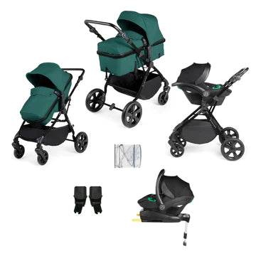 teal pram with car seat and isofix base 