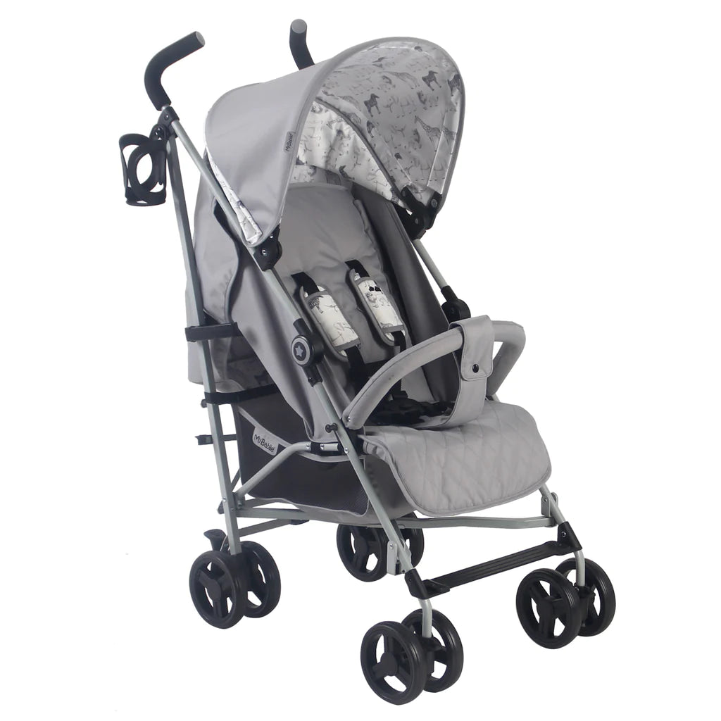 grey and white stroller with safari animal inside the hood