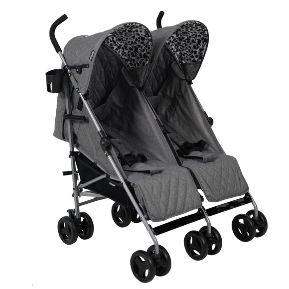 grey double stroller with a leopard print in the hood