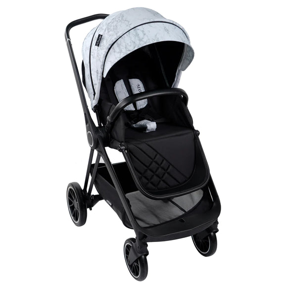 black stroller with a marble print hood 