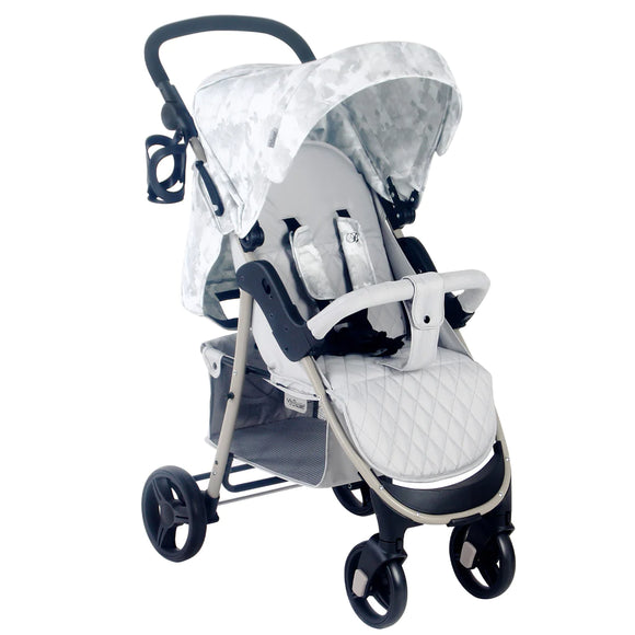 grey and white tie dye stroller with a cup holder 