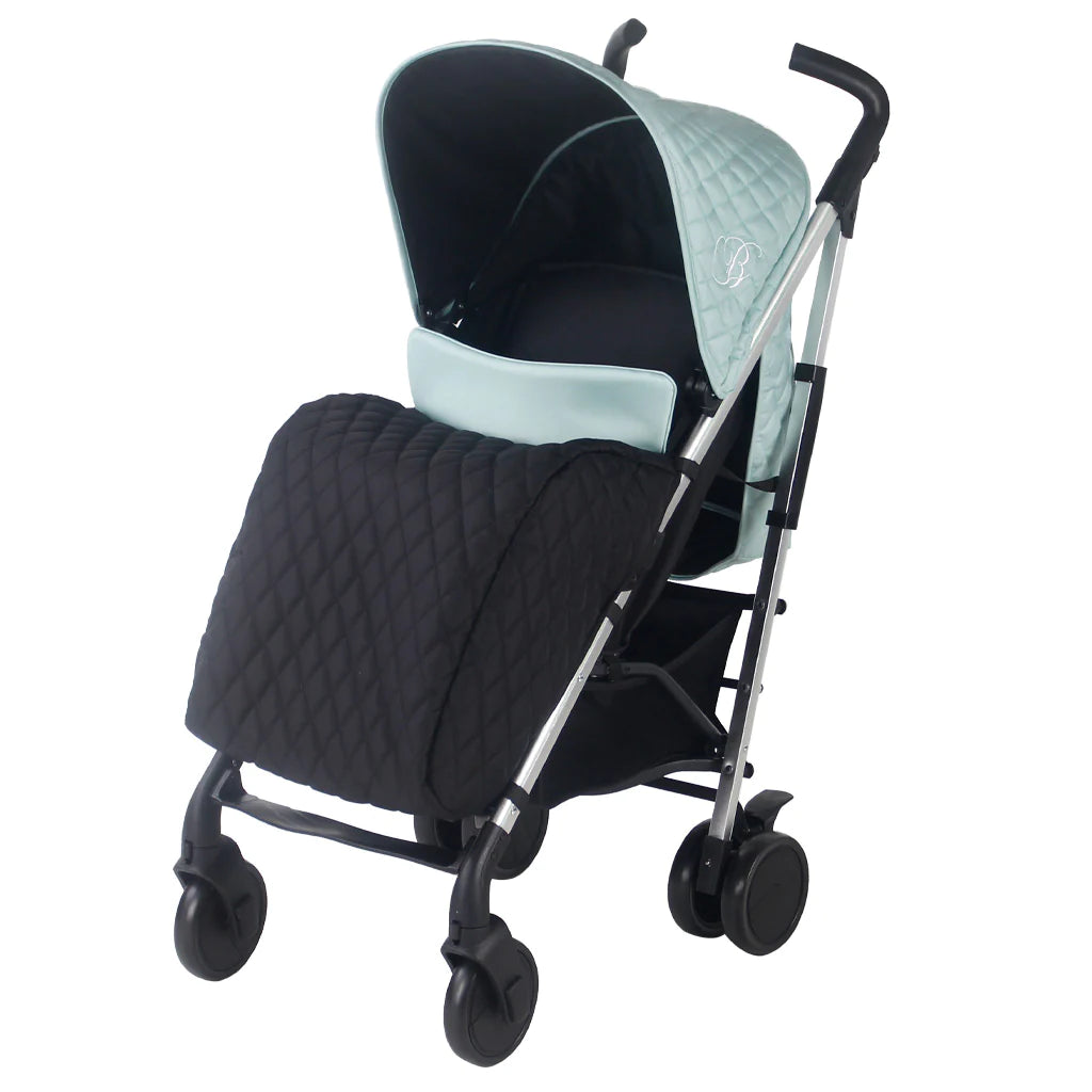 black quilted stroller with a aqua quilted hood 