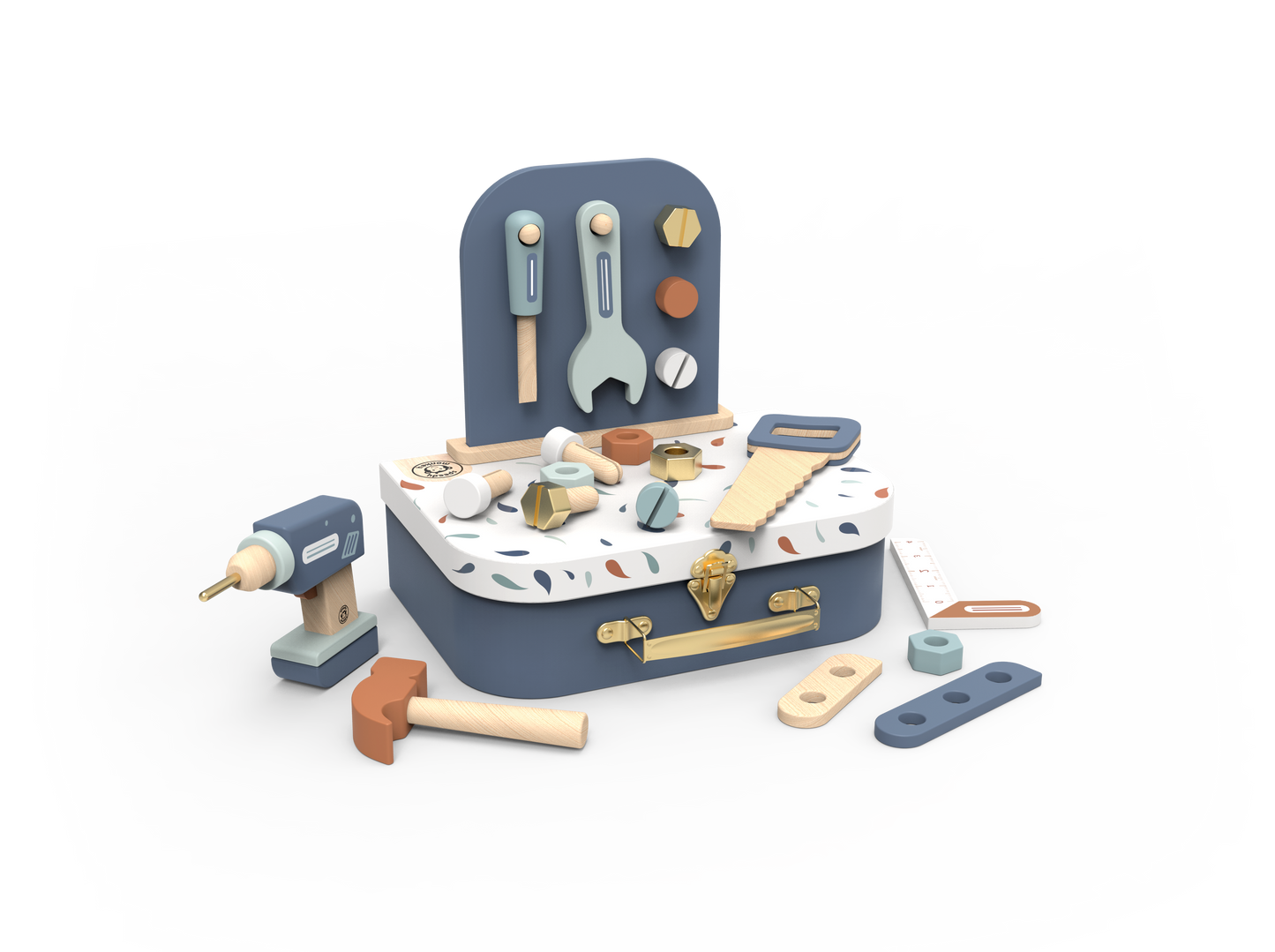 Toy tool chest set with various tools on a white background