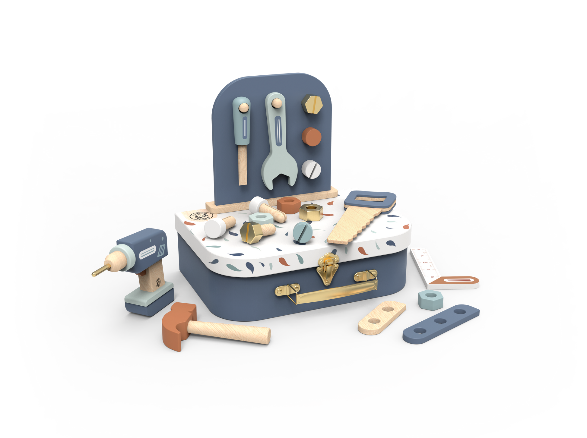 Toy tool chest set with various tools on a white background