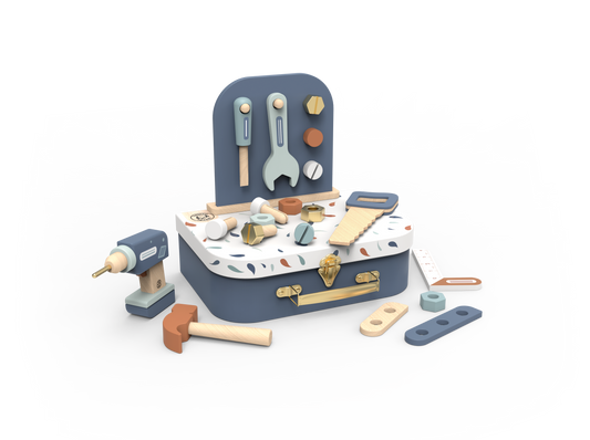 Toy tool chest set with various tools on a white background