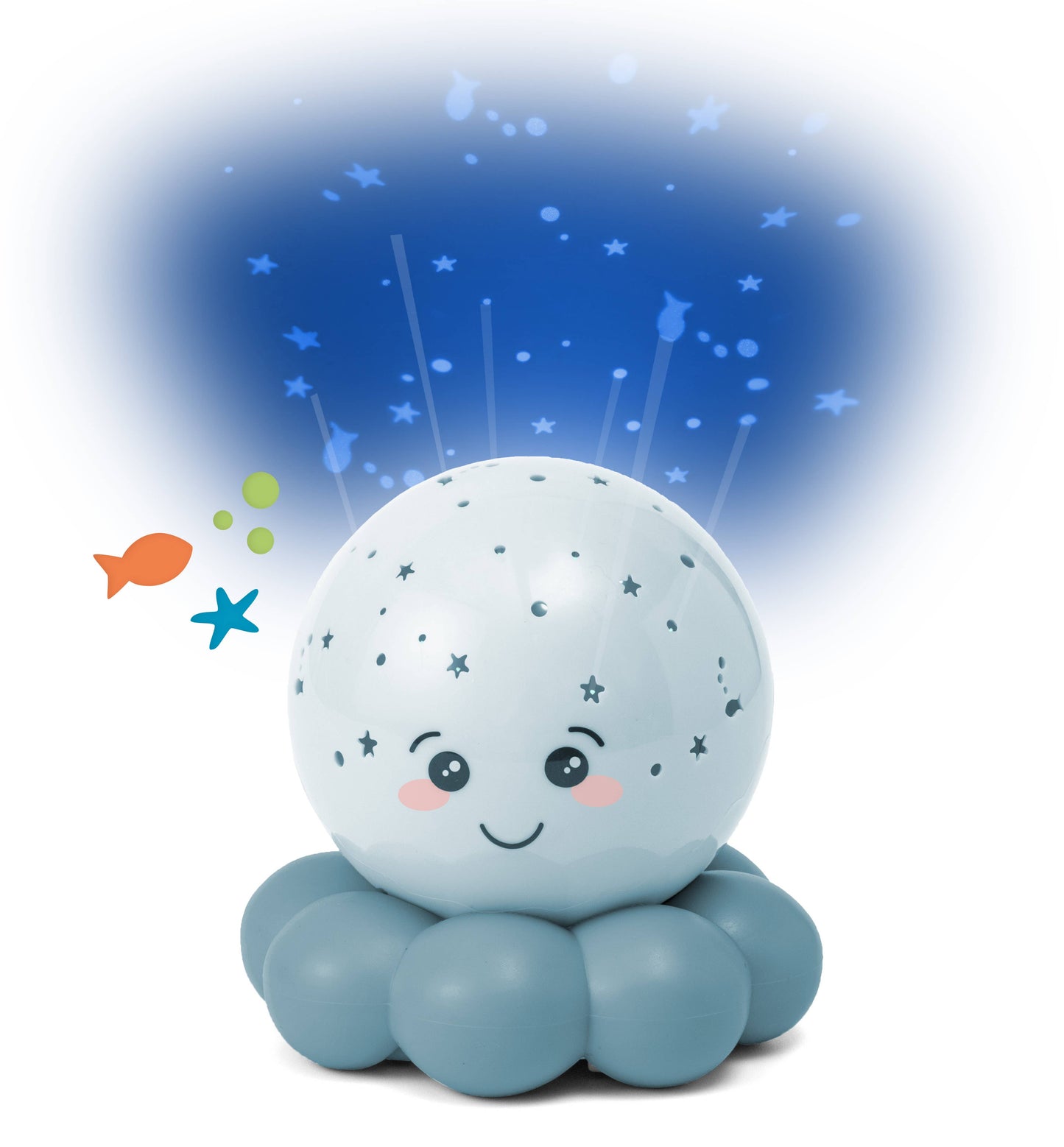 Children's night light with a smiling face, colorful fish, and starry sky projection on a white background.