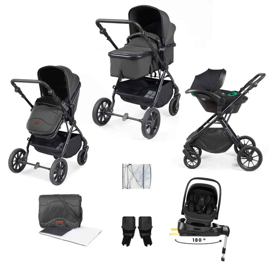 Ickle Bubba Cosmo 9 Piece Travel System Graphite Grey with i-Size Nimbus 180° Spin Car Seat & ISOFIX Base