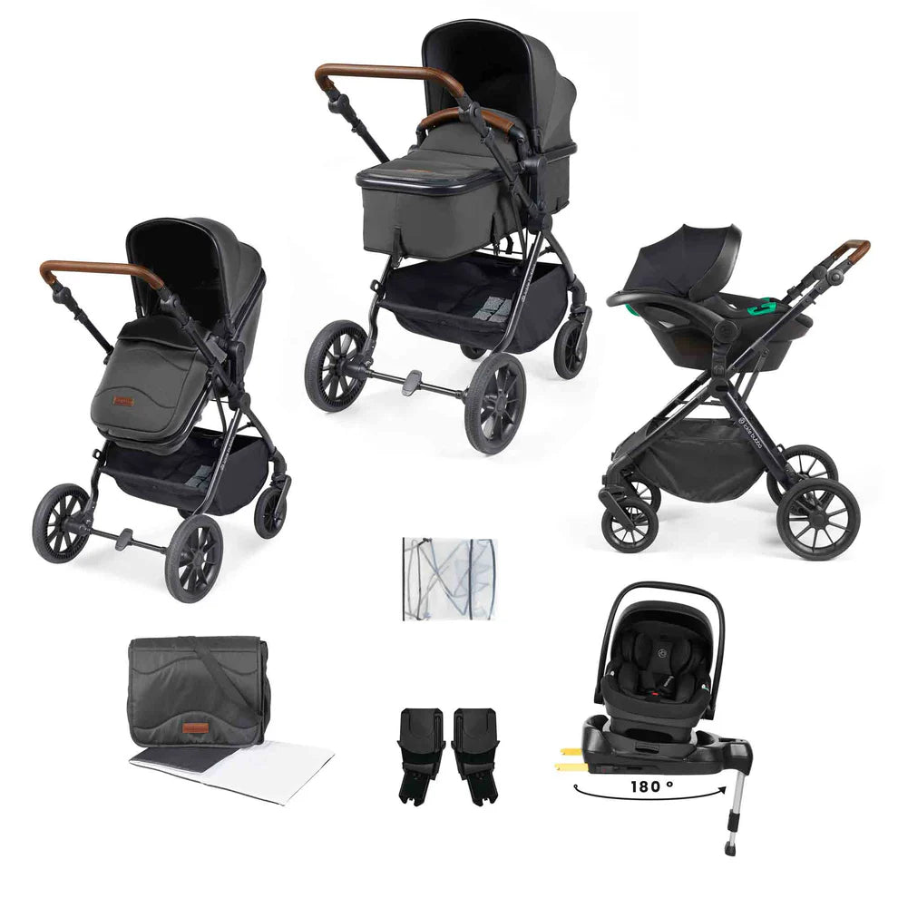 Ickle Bubba Cosmo 9 Piece Travel System Graphite Grey with i-Size Nimbus 180° Spin Car Seat & ISOFIX Base