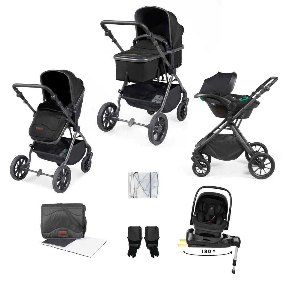 Ickle Bubba Cosmo 9 Piece Travel System Black with i-Size Nimbus 180° Spin Car Seat & ISOFIX Base
