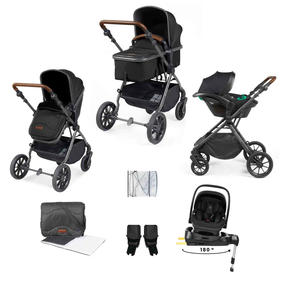 Ickle Bubba Cosmo 9 Piece Travel System Black with i-Size Nimbus 180° Spin Car Seat & ISOFIX Base